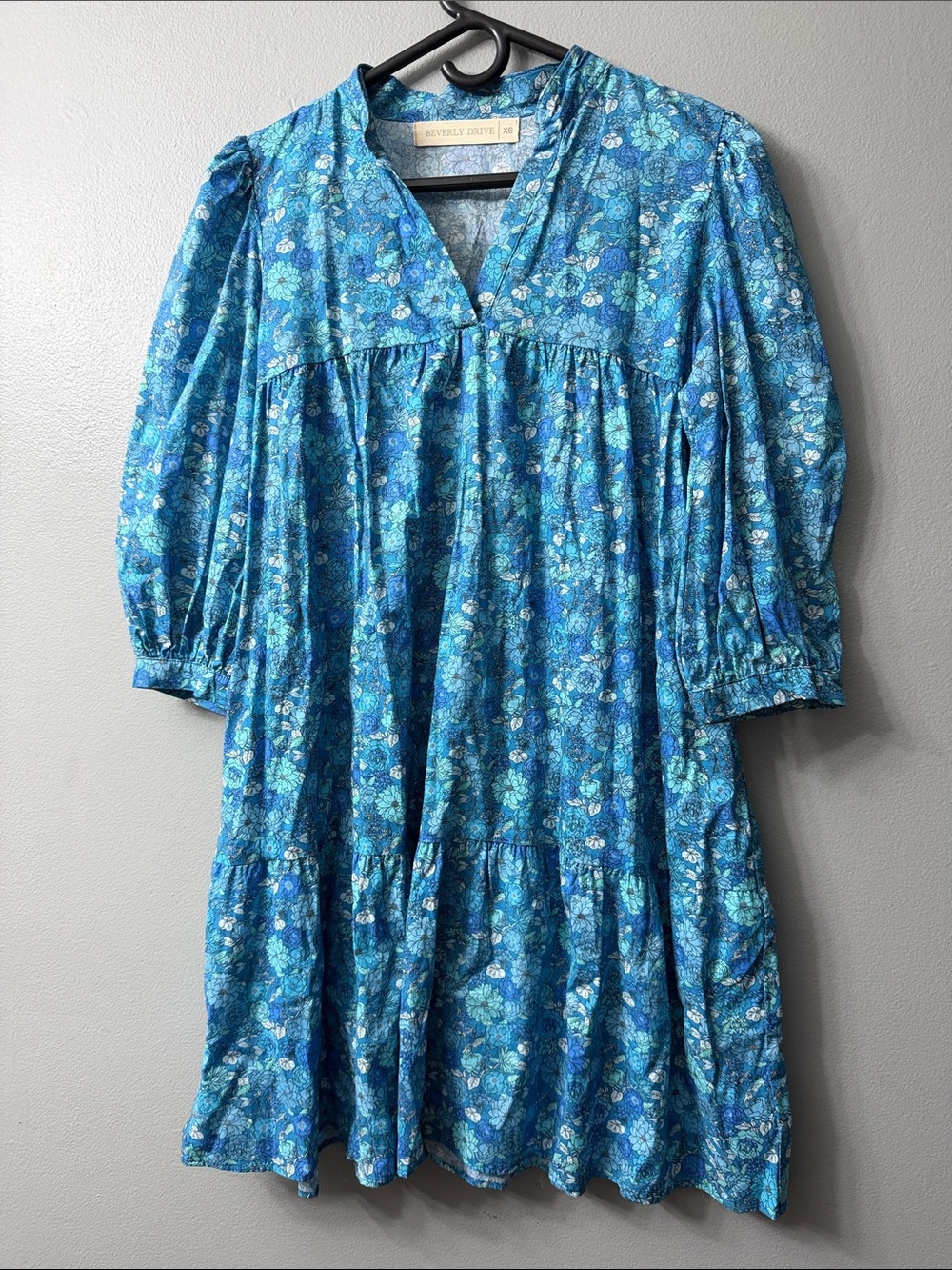 Beverly Drive Teal and Blue Floral Tiered Dress xs